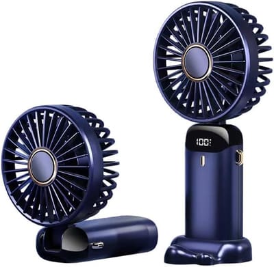 Compacte donkerblauwe oplaadbare handventilator met digitaal LED-display, 5 instelbare windsnelheden, flexibel verstelbaar, fluisterstille koeling, bruikbaar als bureauventilator, handventilator en draagventilator