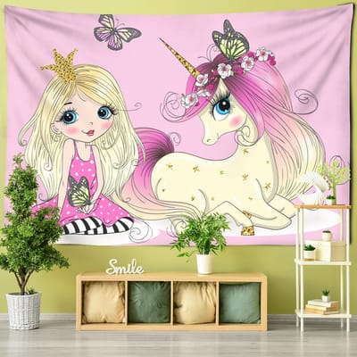 Schattig Meisje Wandtapijt Mandala Tapijt Cartoon Tarot Meisje en Eenhoorn Muurtapijt Kawai Decoratie Muurhanger 95x70CM pink