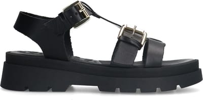 Sacha - Dames - Zwarte leren plateau sandalen met goudkleurige buckles - Maat 37
