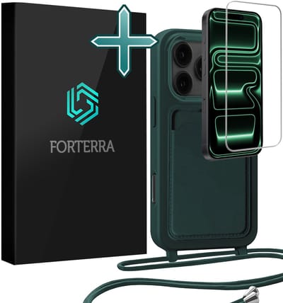 Hoesje Geschikt voor iPhone 17 Pro Pashouder Case Siliconen Hoes Met Koord Met Screenprotector - Hoes Geschikt voor iPhone 17 Pro Met Telefoonkoord Hoesje Back Cover Met Pasjeshouder - Donkergroen