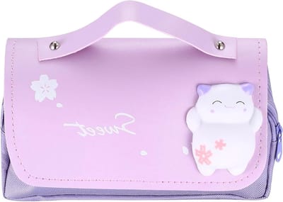JGS Premium - Groot Etui met Drie Vakken en Schattige Kittens - Draagbaar - Schoolcadeau voor Meisjes - Purper Etui