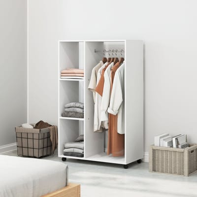 MODFU Open Kledingkast Op Wielen - Kledingroede En 3 Planken - Modern - Voor Hal Of Slaapkamer - Spaanplaat - Wit - 80 X 40 X 128 Cm