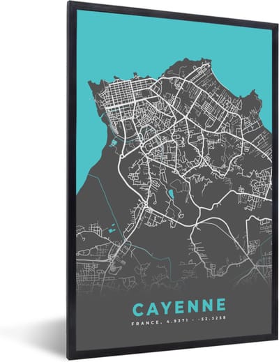 Fotolijst incl. Poster - Frankrijk - Plattegrond - Kaart - Stadskaart - Cayenne - 40x60 cm - Posterlijst