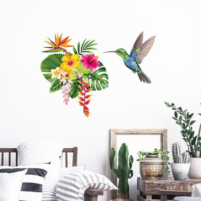 Muurstickers - Tropische bloemen en kolibrie - Transparante achtergrond - 60x70cm