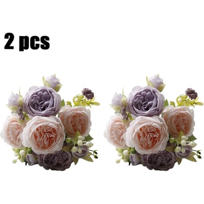 2 bouquets of cemetery artificial flowers and 2pcs cemetery flower baskets, two-color Persian rose artificial flowers, cemetery flower vase. 2pcs