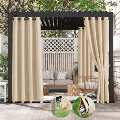 Qelus Buitengordijn Winddicht & Waterdicht - Outdoor Gordijn met Oogjes (Boven) en Anti-wind Lussen (Onder) - Weerbestendig voor Pergola - 132x213cm - Beige - 1 Stuk