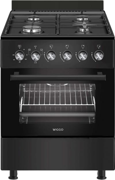 Wiggo WO‑E603A(BB) – Vrijstaand gasfornuis – 60 cm – 4 kookzones – 56L elektrische oven – Zwart – Elektrische vonkontsteking & vlambeveiliging – Energieklasse A – 5 jaar garantie
