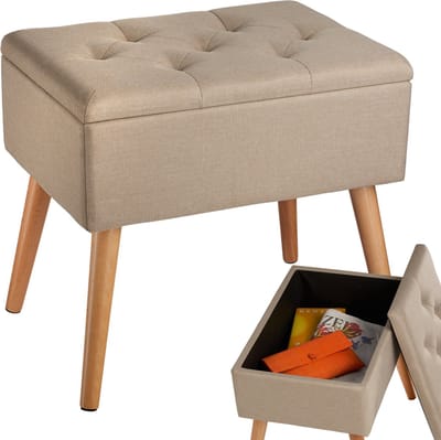 tectake® Bankje met opbergruimte - Gevoerde zitting - Afneembare deksel - Praktisch opbergvak - Houten poten met viltglijders - Bankje in linnenlook - Tot 300 kg belastbaar - Afmeting (LxBxH) 51 x 37,5 x 45,5 cm - Beige