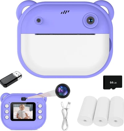 ECTEATOY Kids Print Camera - Pocket printers - Mini cameraprinter - 1080P - Klik om foto's af te drukken - 64GB SD Kaart & Kaartlezer - Inktloos printen via Bluetooth in HD-kwaliteit - Compatibel met Android- en iOS-apps - Paars