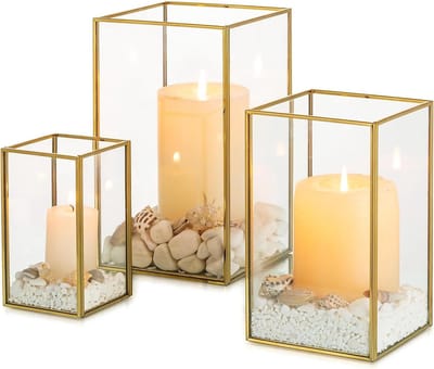 Allecto Plus - Glas Kaarsenhouders - Gouden Lantaarn - Set van 3 - Decoratieve Kaarsen - Buiten en Binnen - Vierkant Design - Bruiloft Decoratie - Kerst en Halloween Ornamenten - Geschikt voor Woonkamer en Open Haard - Gehard Glas
