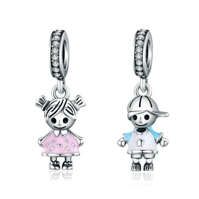 Fler® | 2 Bedels | Passen op populaire bedelarmbanden (standaard - 3mm) | Little Boy & Little Girl Bedels | Hangbedel Charm | 925 sterling zilver | Vriendschap | Verjaardagsgeschenk | Kerst kado | Sinterklaas geschenk | Valentijnsdag cadeau