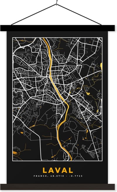 Posterhanger incl. Poster 40x60 cm - Schoolplaat - Stadskaart – Plattegrond – Kaart – Frankrijk - Laval - Textielposter - Zwarte latten - Stadskaart