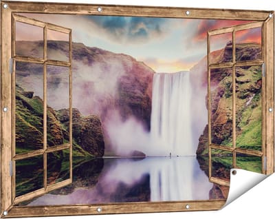 Gards Tuinposter Doorkijk Waterval met een Weerspiegeling in het Water - 120x80 cm - Tuindoek - Tuindecoratie - Wanddecoratie buiten - Tuinschilderij
