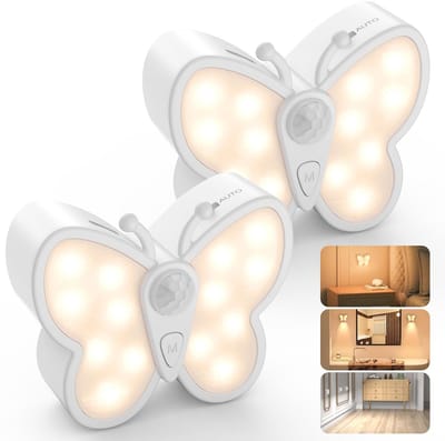 Namajunas - Nachtlampje volwassenen en kinderen - Dimbare Vlinder LED-nachtlampje - Slimme bewegingssensor nachtlamp met spotfunctie en 2 kleurtemperaturen - Magnetische oplaadbare nachtlampje voor slaapkamer, wand - 2 stuks