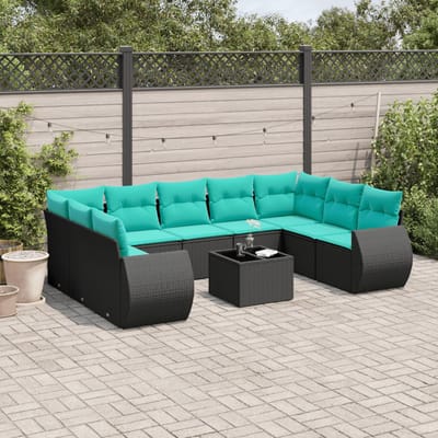 vidaXL - 10-delige - tuinbankset - met - kussens - van - zwart - polyrotan