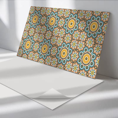 Wallfluent Vinyl Wandpaneel - Mozaïekpatroon met bloemen PVC Muurpaneel - 100 cm x 50 cm - Geel PVC wandpaneel - 1 stuk - Rechthoekig Wandbekleding Vinyl - Patroon Wandpaneel - Zelfklevende Wandbekleding - Wandpaneel Keuken en Badkamer