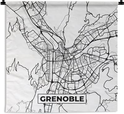 Wandkleed - Wanddoek - Kaart - Plattegrond - Grenoble - Frankrijk - Stadskaart - Zwart wit - 180x180 cm - Wandtapijt