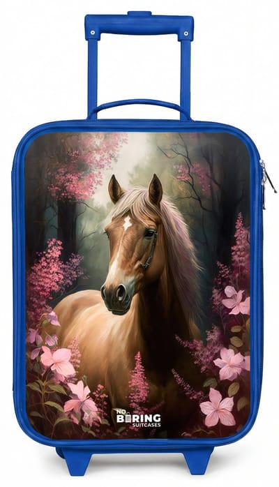 NoBoringSuitcases.com® - Kinderkoffer blauw - Kindertrolley jongen - Lichtbruin paard tussen de roze bloemen - Koffer kind lichtgewicht - Reiskoffer trolley voor kinderen - Koffertje met lichtgevende wieltjes - Rolkoffer