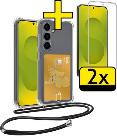 Hoesje Geschikt voor Samsung S25 FE Telefoonhoesje Met Koord Case Pashouder Met 2x Screenprotector Siliconen - Hoes Geschikt voor Samsung Galaxy S25 FE Hoesje Met Kaarthouder - Transparant