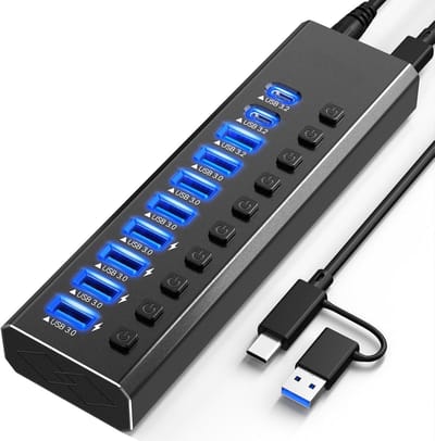 Deze USB 3.2-hub met eigen voeding beschikt over 10 USB 3.2/USB-C-poorten (1 x 10 Gbps USB-A 3.2-poort + 2 x USB-C 3.2-poorten + 7 x USB 3.0-poorten) - elk met een onafhankelijke aan/uit-schakelaar