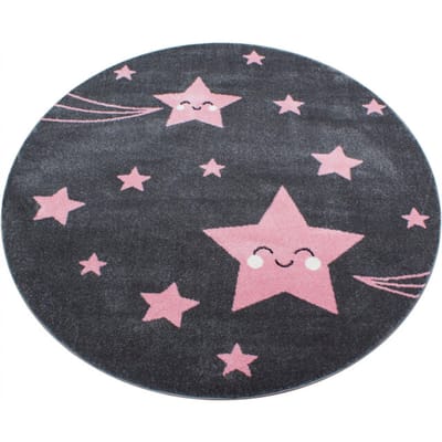Muratap Kids sterren rond vloerkleed kinderkamer roze / grijs laagpolig- 120 cm rond