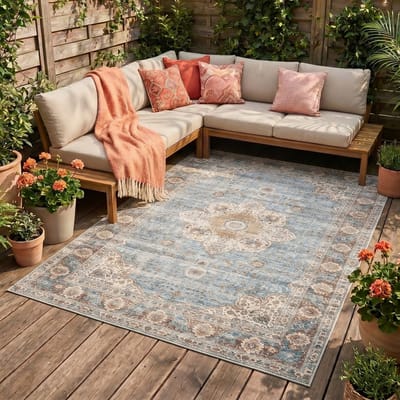 Fraai Binnen- en buitenkleed - Kairo Medaillon Lichtblauw/Creme - 80x150cm