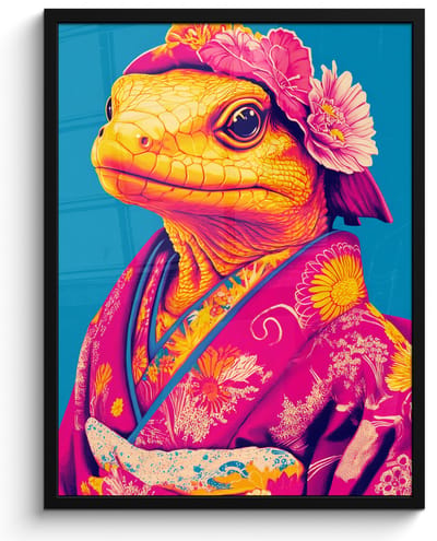 Poster in lijst - Fotolijst 50x70 cm - Posters - Bloemenkrans - Hagedis - Kimono - Paars - Posterlijst zwart - Decoratie - Wanddecoratie woonkamer - Muurdecoratie slaapkamer