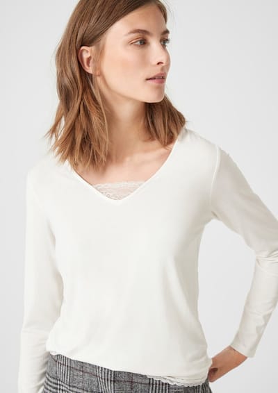 s.Oliver - Wit t-shirt met hals detail - Maat M - Vrouwen - 0210 creme - Viscose