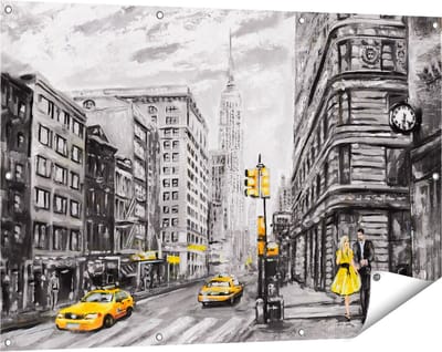 Gards Tuinposter Geschilderde New York Tekening - Zwart Wit - 120x80 cm - Tuindoek - Tuindecoratie - Wanddecoratie buiten - Tuinschilderij