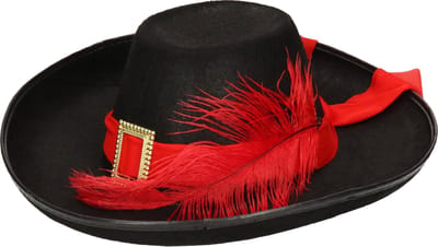 Funny Fashion Musketier verkleed hoed - zwart / rood - met gesp en veren - Middeleeuwen