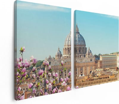 Artaza Canvas Schilderij Tweeluik Sint Pietersbasiliek in Rome met Bloemen - 120x80 - Foto Op Canvas - Canvas Print