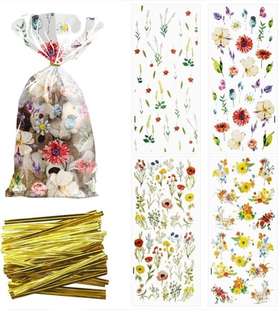 100 Stuks Cellofaan Treat Bags voor Wildflower Feestjes - Plastic Zakjes voor Snoep, Koekjes en Cadeaus met 4 Ontwerpen en 100 Touwtjes voor Verjaardagen en Babyshowers