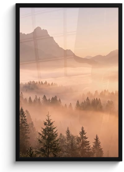 Poster in lijst - Fotolijst 60x90 cm - Posters - Zonlicht - Mist - Bergen - Bomen - Posterlijst zwart - Decoratie - Wanddecoratie woonkamer - Muurdecoratie slaapkamer