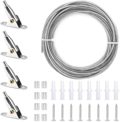 Verstelbare RVS Kabel van 2mm x 10m met Hoekhouders, Schroeven en Rubber Stops voor Gordijnen, Kledinglijn en Hanglampen
