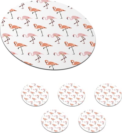 Onderzetters voor glazen - Rond - Flamingo - Patroon - Roze - 10x10 cm - Glasonderzetters - 6 stuks