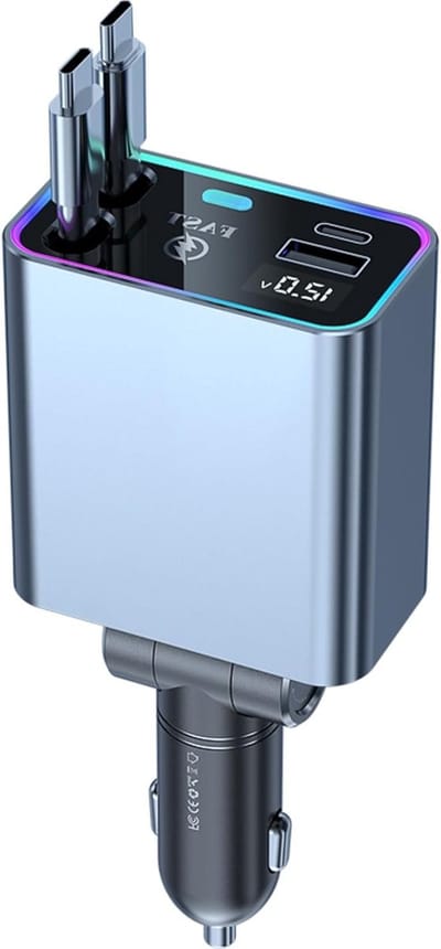 Retractable Auto Oplader 4 in 1 USB C 66W Snellader met Voltageweergave voor iPhone, Galaxy en Huawei in 12V 24V Voertuigen