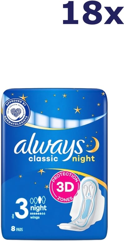 18x Always maandverband Classic 8st nacht met vleugeltjes maat 3