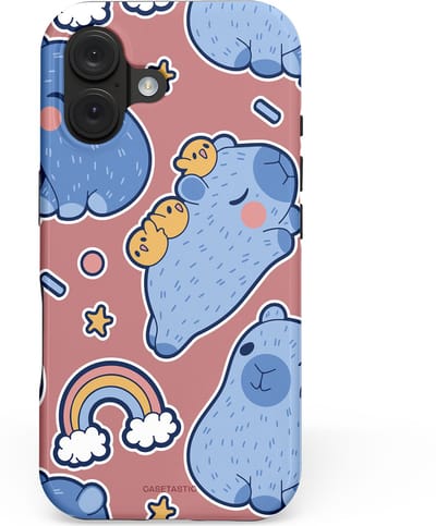 Casetastic hoesje geschikt voor Apple iPhone 16 - MagSafe - Dubbellaagse bescherming - Capibara knuffelvriend - Fashion Case - Lichtblauw Taupe Lavendel Grijs