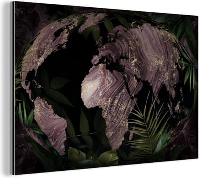 Wanddecoratie Metaal - Aluminium Schilderij Industrieel - Wereldkaart - Paars - Goud - 120x80 cm - Dibond - Foto op aluminium - Industriële muurdecoratie - Voor de woonkamer/slaapkamer