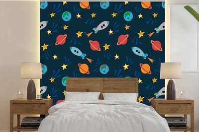 Behang - Fotobehang Patronen - Aarde - Ruimte - Raket - Jongens - Kinderen - Jongetje - Kids - Breedte 240 cm x hoogte 240 cm