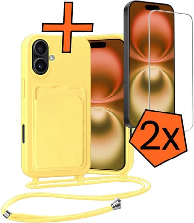 Hoesje Geschikt voor iPhone 16 Plus Hoesje Met Telefoonketting Pasjeshouder Case Met 2x Screenprotector Koord - Hoesje Geschikt voor iPhone 16 Plus Hoes Met Kaarthouder - Geel