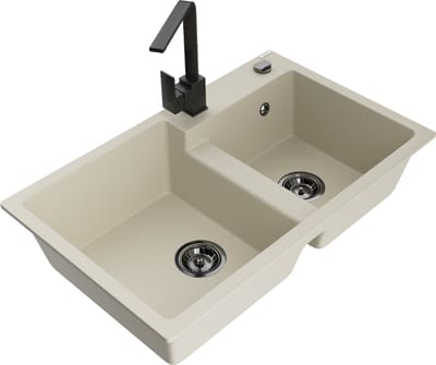 Mexen Tomas granieten gootsteen 2-kamer met keukenmengkraan Rita, beige - 6516-69-670300-70
