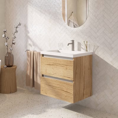 Saqu Gaia ondiep badmeubel incl. glans witte wastafel 60x40x64cm eiken marcato – aluminium greeplijst