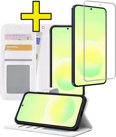 Hoesje - Met Screenprotector - Geschikt voor Samsung Galaxy A57 - Luxe Pasjeshouder - Bookcase Portemonee - Flip Case - Kunstleer Book Case - Flipcase - Book Cover - Walletcase - Portemonneehoes - Telefoonhoesjes - Wit