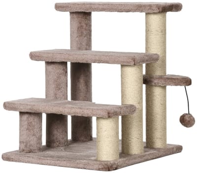 Merax Krabpaal 48 cm – Haustiertreppe met 3 Treden Krabpalen Speelbal en Comfort Platforms – Bruin – 45x40 cm