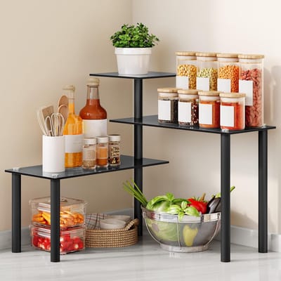 Famanu – 3-laags glazen countertop organizer – Verplaatsbare hoekplank voor koffiehoek of badkamer