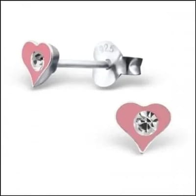 Aramat Jewels | Oorbellen | Zilveren Hartje Oorstekers – 925 Zilver -Emaille | Roze/transparante kristal-5x4mm | |7mm | Zilver | Kinderen, Volwassenen | Verkleurd niet