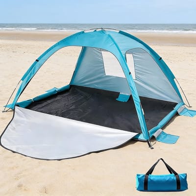 Strandtent met UV-Bescherming 50+ en Ruim Familieformaat – Familietent voor 3-4 Personen met Ventilatie – Draagbare Zonwering met 3 Ritsdeuren en Netvenster voor Strand en Tuin