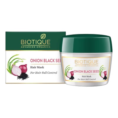 Masque capillaire Biotique à l'oignon et aux graines de nigelle 175 g : contrôle la chute des cheveux, favorise la pousse, nourrit, répare, épaissit les cheveux et leur apporte une brillance naturelle. blue