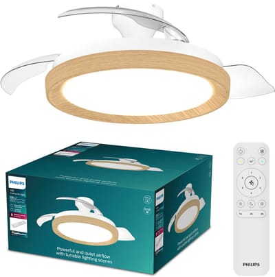 Philips Bliss Plafondventilator met ingebouwde LED-lamp - 3 Intrekbare bladen, diameter: 106cm - 4500 Lumen - Instelbaar wit licht van 2700K tot 6500K - Dimbaar tot 5% - Afstandsbediening - Hout